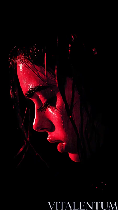 Red-lit profile portrait in dramatic side shadow.