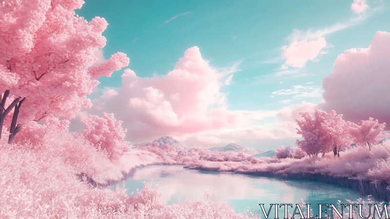 Digital painting landscape with pastel infrared riverbank scene.