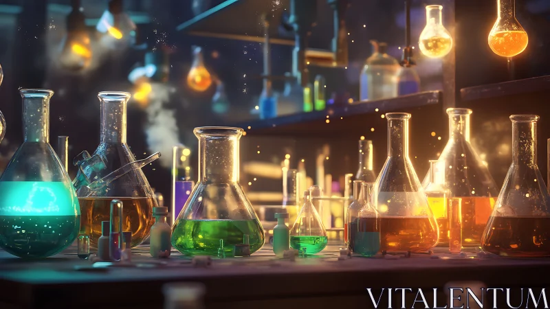 Glowing laboratory glassware captures a magical science moment