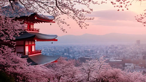 Tokyo pagoda overlooks skyline through soft cherry blossom haze.