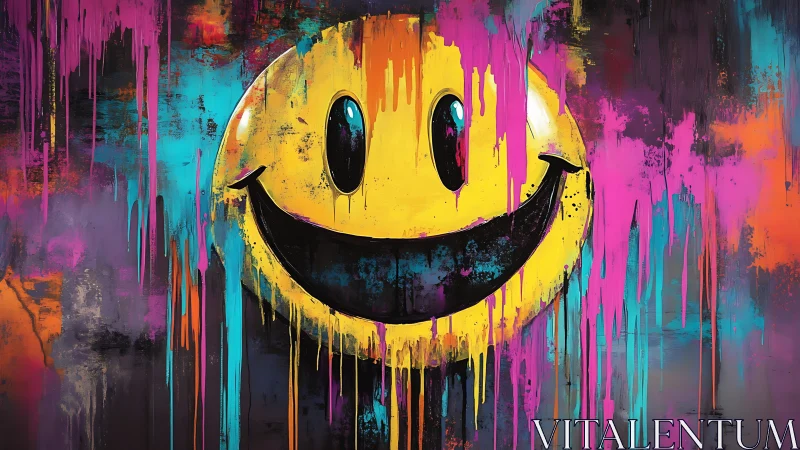 Neon graffiti smiley drips through dark urban wall.
