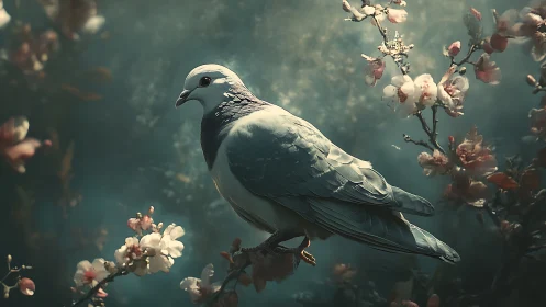 Elegant pigeon in dreamy spring garden, digital art style.