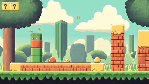 Side-scrolling platformer landscape renders stylized cityscape