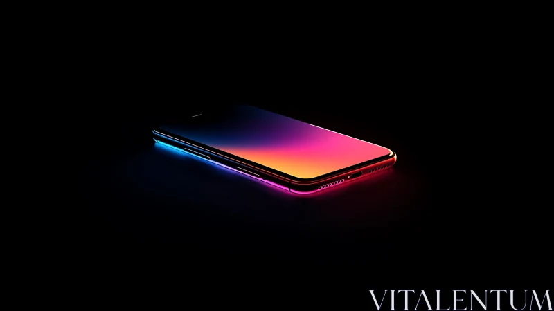Neon gradient smartphone on black reflective surface.
