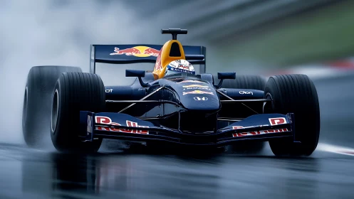 Formula car on wet circuit with visible spray and motion blur.