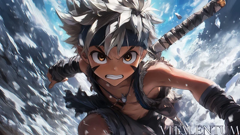 Determined young warrior charging through snowy cliffs.