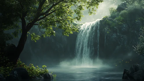 Whispering forest waterfall pouring into a mist-kissed pool.