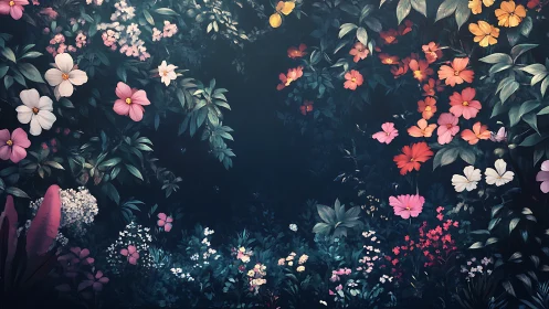 Midnight Garden: Where Colorful Blooms Dance in Twilight.