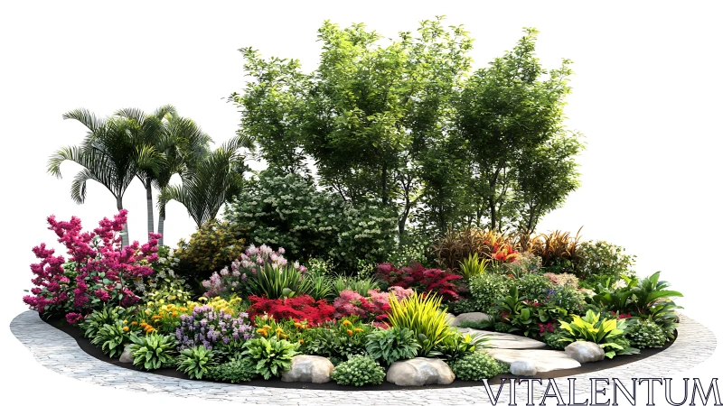 Layered paradise garden with lush trees, blooms, and stones.