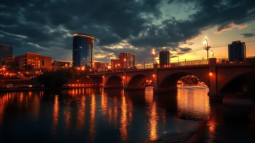 Illuminated urban bridge spans reflective river at cinematic dusk