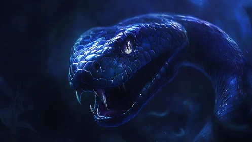 Midnight serpent emerging with luminous cobalt scales.
