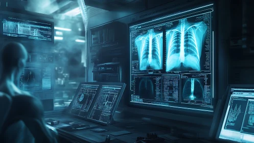 Medical control room with diagnostic imaging displays in use.