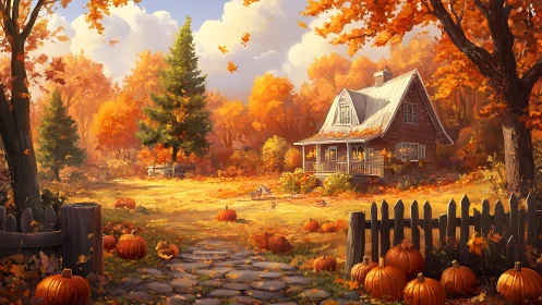 Cozy pumpkin farm cottage glowing with golden autumn light.
