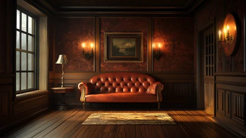 Brown leather sofa centered in classic wood paneled room