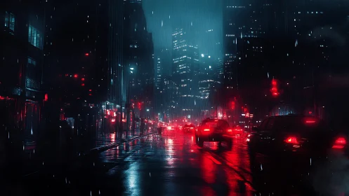 Neon soaked cyberpunk city street under heavy rain at night.