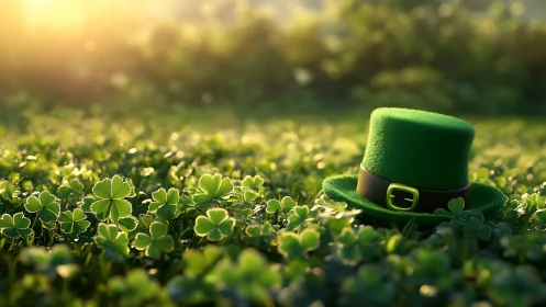 Sunlit clover meadow cradles a lone lucky green hat.