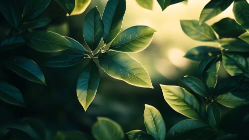 Sunlit Green Leaves in Nature, Close-Up Botanical Photography.