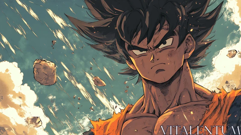 Powerful anime warrior stands amid falling rubble skyward.