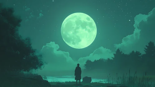 Soft moonlit night inviting quiet wonder by the lakeshore.