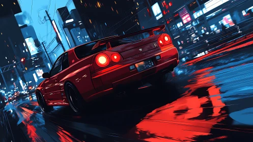 Red tuner car slices through neon lit rain soaked city street