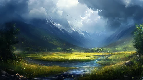 Sunlit mountain meadow cradled by dramatic storm clouds.
