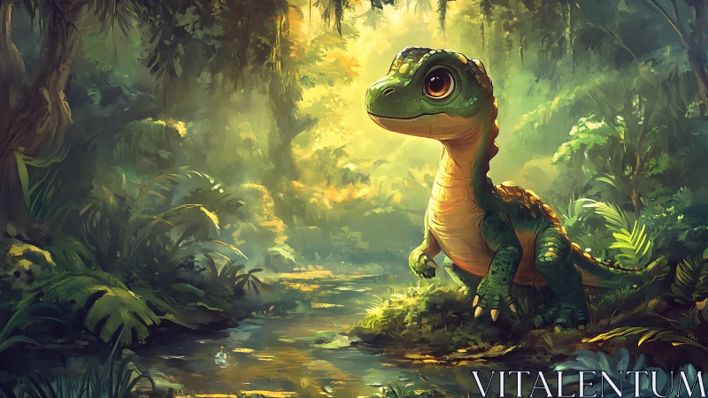 Juvenile dinosaur studies light and reflection in lush jungle