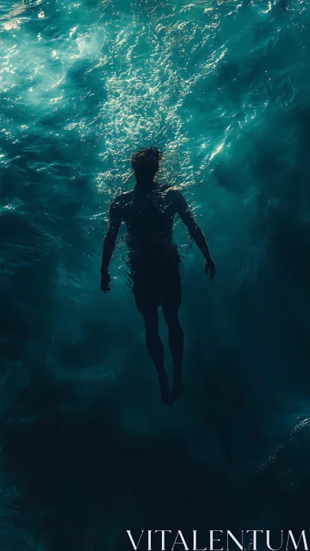 High-contrast overhead silhouette of swimmer in teal ocean