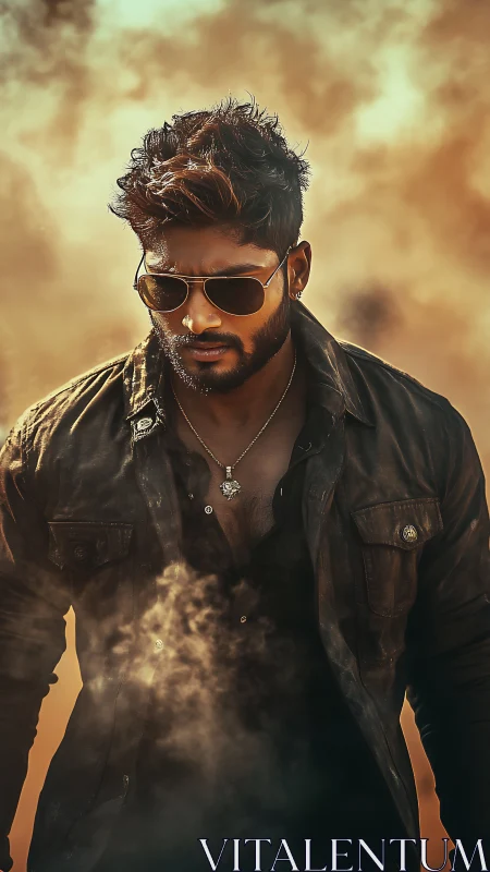 Stylish man in smoky golden light exudes rugged intensity.