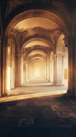 Sunlit baroque arcade recedes into a glowing, endless corridor.