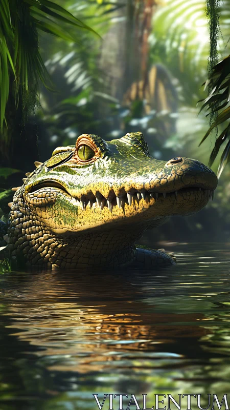 Crocodile emerges from jungle river with high-detail scales and light