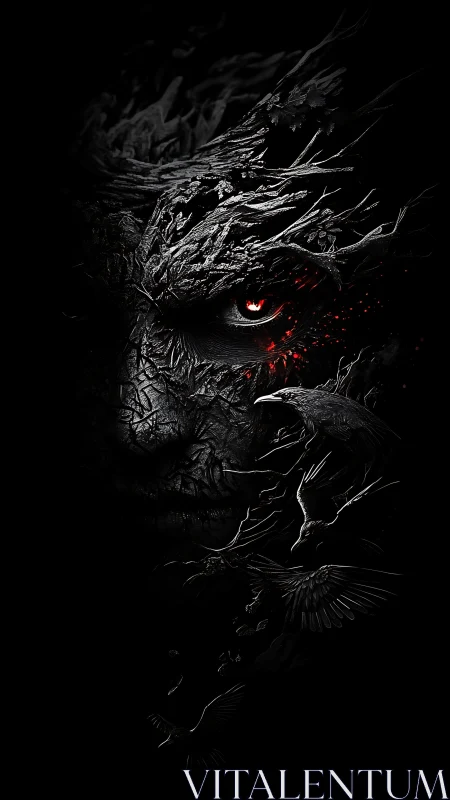 Volcanic ocular entity with ravens disintegrating into darkness.