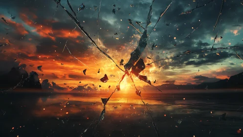 Shattered horizon bursts outward as the sunset sky detonates