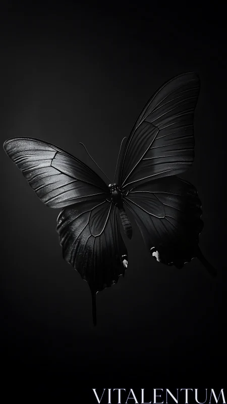 Black butterfly rendered with high-contrast lighting in darkness