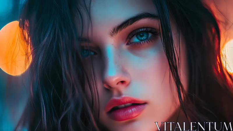 Neon dusk muse with electric blue eyes and ember halo.