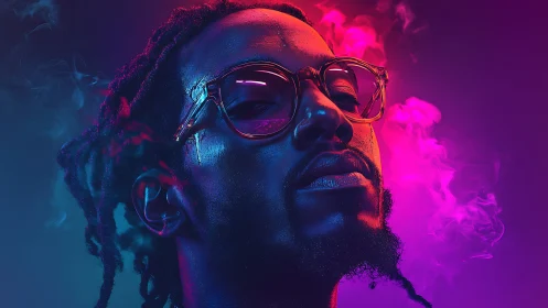 Neon portrait with glasses amid magenta and cyan smoke.