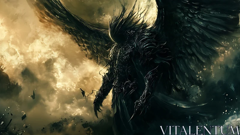 Stormborne Shadow Seraph Confronts a Falling Mortal.