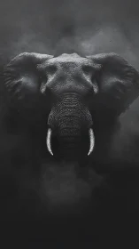 Elephant head rendered in monochrome against dark background.