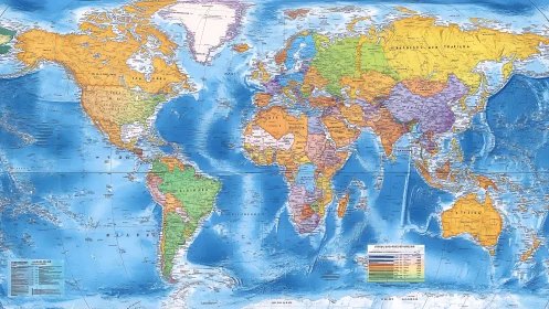 Political world map with hypsometric oceans and relief shading.
