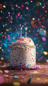 Birthday Cake with Lit Candles and Confetti Display