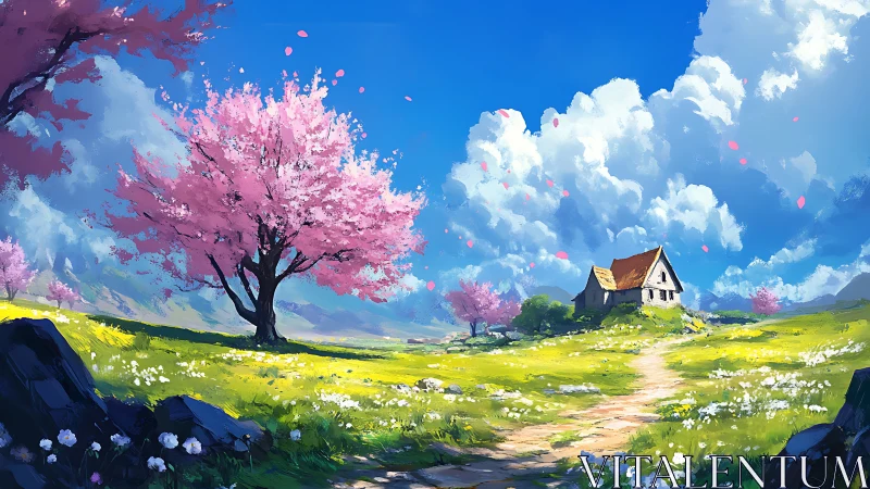 Blossoming cherry trees frame a tranquil cottage meadow.