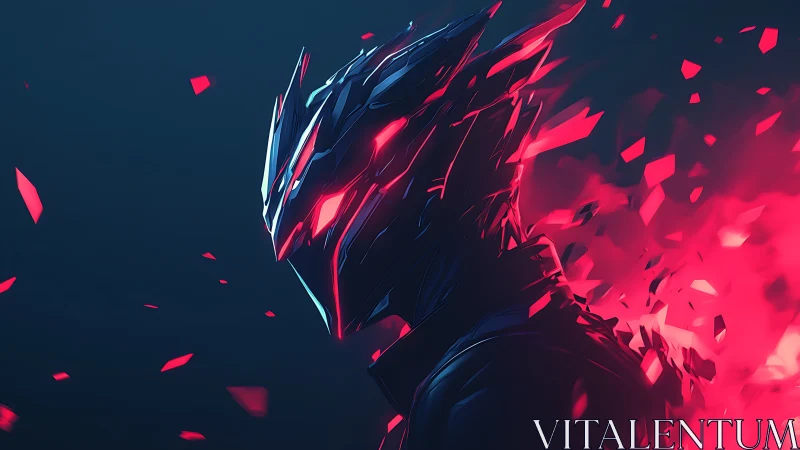 Cybernetic warrior shatters through neon embers in void