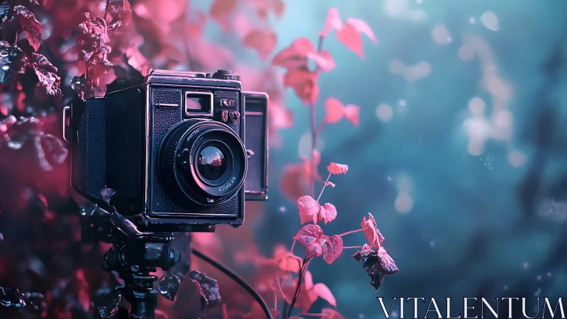 Medium-format film camera in neon bokeh garden environment