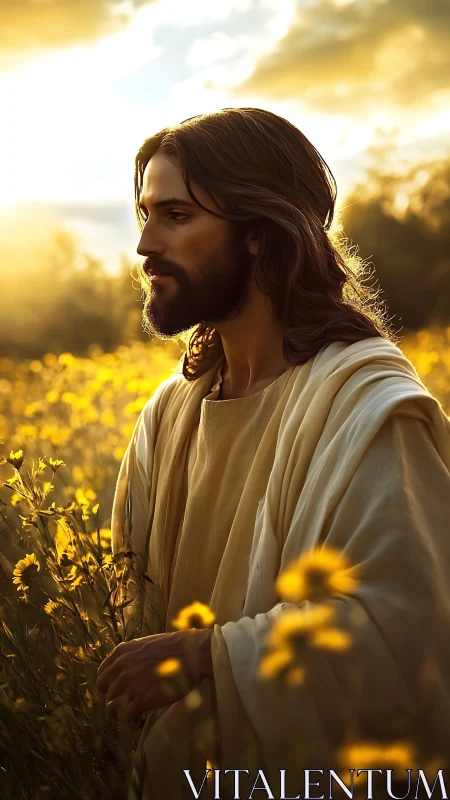 Serene robed figure walks through golden flowers at sunset