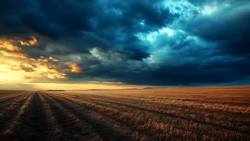 Golden field welcomes a dramatic stormlit evening sky