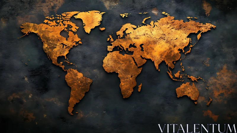 Golden world map glowing against deep textured night.