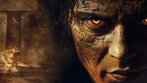 Cursed desert tomb and glowing-eyed mummy close-up horror.