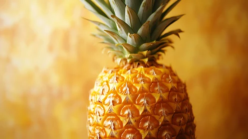 Single pineapple photographed against defocused yellow background