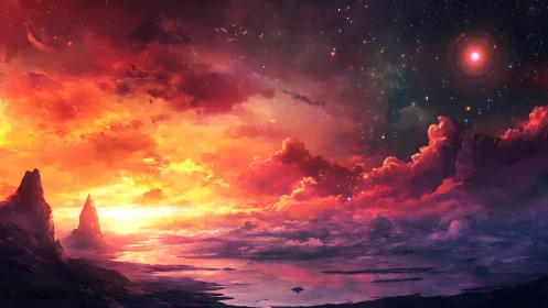 Dreamy cosmic sunset ripples gently across an alien sea