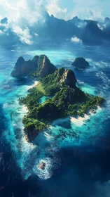 Tropical Limestone Islands Surrounded by Turquoise Ocean.