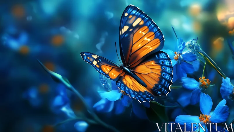 Sapphire garden ablaze with a luminous orange butterfly dream.